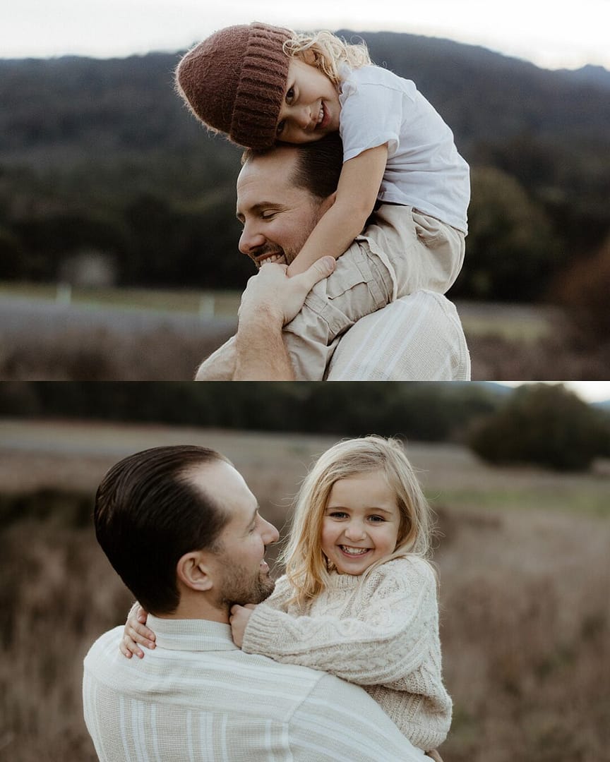 Two candid photos of a smiling father playing outdoors with his young daughter—first with her on his shoulders, then cradling her in his arms.